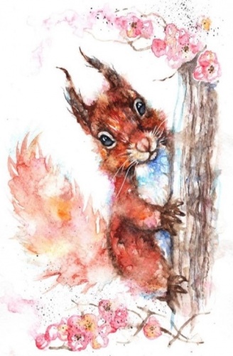 Squirrel on Blossom Tree A5 Watercolour Print